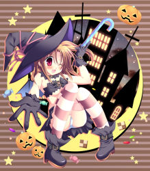 Rule 34 | 00s, 1girl, black gloves, boots, brown hair, candy, candy cane, castle, checkerboard cookie, cookie, food, gloves, halloween, hat, holding, holding candy, holding candy cane, holding food, jack-o&#039;-lantern, knave, kujira (knave), panties, pantyshot, red eyes, ribbon, sitting, skirt, solo, star (symbol), striped clothes, striped thighhighs, thighhighs, tsukihime, underwear, white panties, witch, witch hat, yumizuka satsuki