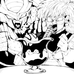 2boys burter clenched_hands commentary_request cookie dragon_ball dragonball_z fangs food gloves haseko123 holding holding_spoon jeice long_hair looking_at_food male_focus monochrome multiple_boys muscular muscular_male no_pupils open_mouth parfait saiyan_armor scouter smile spoon wafer_stick whipped_cream