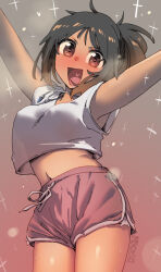 1girl arms_up blush breasts commentary cowboy_shot cropped_shirt cross_in_eye ergot gradient_background gym_shorts heart heart_in_eye heart_in_mouth looking_at_viewer medium_breasts navel open_mouth original red_background red_eyes shirt short_shorts shorts sleeveless sleeveless_shirt solo standing symbol_in_eye white_background white_shirt