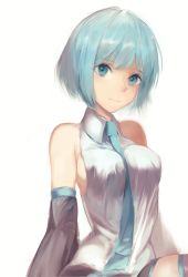 Rule 34 | 1girl, alternate hair length, alternate hairstyle, aqua necktie, arms at sides, bad id, bad twitter id, bare shoulders, between breasts, black skirt, black thighhighs, blue eyes, blue hair, bob cut, breasts, closed mouth, collared shirt, detached sleeves, hatsune miku, highres, hojiro (piko519), long sleeves, matching hair/eyes, medium breasts, necktie, necktie between breasts, no bra, shirt, short hair, sideboob, simple background, sitting, skirt, sleeveless, sleeveless shirt, smile, solo, thighhighs, vocaloid, white background, wing collar, zettai ryouiki