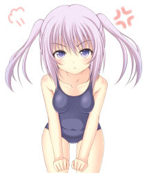 Rule 34 | 1girl, :t, blush, breasts, collarbone, covered navel, highres, leaning forward, looking at viewer, minatsuki nao, one-piece swimsuit, original, pout, purple eyes, purple hair, school swimsuit, short hair, short twintails, small breasts, solo, swimsuit, twintails, white background