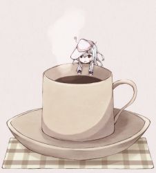 Rule 34 | 10s, 1girl, @ @, coaster, coffee, coffee cup, cup, disposable cup, hanging, hat, hibiki (kancolle), itituki, kantai collection, mini person, minigirl, mug, open mouth, saucer, silver hair, solo, verniy (kancolle)