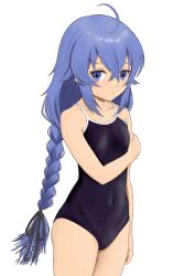 1girl ahoge blue_eyes blue_hair braid breasts expressionless highres long_hair looking_at_viewer mushoku_tensei one-piece_swimsuit rora_(user_vgpk4444) roxy_migurdia simple_background small_breasts solo swimsuit twin_braids very_long_hair white_background