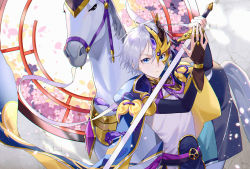 Rule 34 | 1boy, al (ahr), bishounen, blue eyes, bridal gauntlets, cape, chinese clothes, fate/grand order, fate (series), fighting stance, grey hair, hair between eyes, half mask, horned mask, horse, male focus, mask, prince of lan ling (fate), solo, sword, weapon