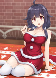 Rule 34 | 1girl, ahoge, black hair, blurry, breasts, brick wall, cleavage, depth of field, fur-trimmed skirt, fur trim, hair flaps, highres, kantai collection, kodama (mmt uf), large breasts, looking at viewer, low twintails, off shoulder, red eyes, red skirt, ryuuhou (kancolle), sitting, skirt, smile, solo, strapless, taigei (kancolle), thighhighs, tube top, twintails, white thighhighs, yokozuwari