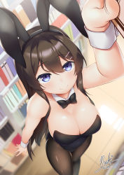 Rule 34 | 10s, 1girl, animal ears, black bow, black bowtie, black hair, black leotard, black pantyhose, blue eyes, bow, bowtie, breasts, chinese commentary, cleavage, commentary request, detached collar, fake animal ears, from above, hair ornament, hairclip, highres, leotard, long hair, looking at viewer, medium breasts, pantyhose, perspective, playboy bunny, rabbit ears, rabbit girl, sakurajima mai, seishun buta yarou, solo, strapless, strapless leotard, subaru (794829485), wrist cuffs
