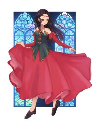 Rule 34 | 1girl, bare shoulders, black hair, bow, breasts, brown eyes, circlet, closed mouth, detached sleeves, dress, frills, full body, gensou suikoden, gensou suikoden ii, high heels, highres, jewelry, jillia blight, korunosabu, long hair, medium breasts, necklace, pendant, shoes, smile, solo, standing, window