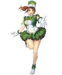 Rule 34 | 1girl, brown eyes, brown hair, dress, floating hair, full body, gloves, hair ornament, hairclip, hat, leg up, looking at viewer, official art, olive oppert, open mouth, outstretched arm, plaid, plaid dress, side ponytail, solo, super robot wars, super robot wars x-omega, teeth, transparent background, upper teeth only, watanabe wataru (character designer), white gloves