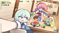 Rule 34 | 2girls, :o, @ @, ai-chan (honkai impact), bad food, black gloves, blue dress, blue eyes, blurry, blurry background, bow, cabbage, camera, clock, crystal, dress, floor, food, fork, fruit, glass, gloves, hair between eyes, hair bow, highres, holding, holding fork, holding knife, honkai (series), honkai impact 3rd, indoors, juice, knife, liliya olenyeva, long hair, looking at another, multiple girls, murata himeko, official art, open mouth, outstretched arm, photo (object), pinafore dress, pink hair, plate, raiden mei, rainbow, raven (honkai impact), red dress, rozaliya olenyeva, selfie, shirt, short sleeves, siblings, sleeveless dress, surprised, table, twins, viewfinder, vomiting, wall, watermelon, white shirt