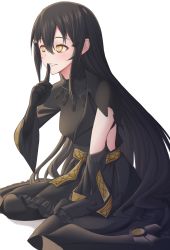 Rule 34 | 1girl, act (xadachit), asymmetrical clothes, black hair, blush, breasts, dandelion (girls&#039; frontline), finger to mouth, girls&#039; frontline, highres, long hair, looking to the side, medium breasts, parted lips, shushing, sidelocks, smile, solo, very long hair, yellow eyes