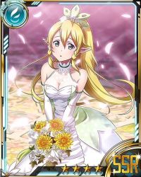 Rule 34 | 10s, 1girl, bare shoulders, blonde hair, bouquet, breasts, card (medium), cherry blossoms, cleavage, collarbone, dress, elbow gloves, flower, gloves, green eyes, hair between eyes, high ponytail, holding, holding bouquet, leafa, long hair, looking at viewer, medium breasts, pointy ears, see-through, solo, star (symbol), sword art online, wedding dress, white dress, white flower, white gloves, yellow flower