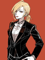 1girl black_suit blonde_hair bow bowtie contemporary formal_clothes hand_on_own_hip long_hair looking_at_viewer low_ponytail orange_eyes parted_lips red_background red_lips robingdon saika_magoichi_(sengoku_basara) sengoku_basara shirt short_ponytail simple_background sketch solo suit upper_body white_bow white_bowtie white_shirt