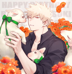 Rule 34 | 1boy, animal, bakugou katsuki, birthday, black shirt, blonde hair, blurry, blurry foreground, boku no hero academia, character name, closed eyes, collared shirt, commentary, dated, depth of field, dress shirt, falling flower, fingernails, flower, flower request, from side, goat, goat horns, green ribbon, hair between eyes, hands up, happy birthday, highres, holding, holding animal, horns, lamb, looking at animal, male focus, meltnotmelt, narrowed eyes, neck ribbon, open clothes, open collar, open shirt, orange flower, parted lips, red eyes, ribbon, scar, scar on chest, sheep, shirt, short hair, sideburns, sleeves past elbows, sleeves rolled up, snout, solo, spiked hair, spoilers, text background, timestamp, upper body, wing collar, wool