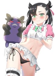 Rule 34 | 1girl, absurdres, alternate costume, asymmetrical bangs, black hair, blush, bow, bowtie, breasts, bridal garter, closed mouth, commentary request, creatures (company), crop top, earrings, enmaided, frills, from below, game freak, gen 8 pokemon, gloves, gluteal fold, green eyes, hair ribbon, highres, jewelry, looking at viewer, maid, marnie (pokemon), morpeko, morpeko (hangry), navel, nedia (nedia region), nintendo, panties, pokemon, pokemon (creature), pokemon swsh, puffy sleeves, ribbon, side-tie panties, simple background, skirt, small breasts, string panties, thigh strap, twintails, undercut, underwear, white background, white gloves