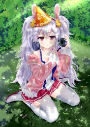 Rule 34 | 1girl, :o, anniversary, azur lane, blush, bush, cellphone, collarbone, commentary request, confetti, grass, hair between eyes, hat, headgear, headphones, helvetica std, highres, holding, holding headphones, holding phone, jacket, laffey (azur lane), light rays, long hair, long sleeves, looking at viewer, open clothes, open jacket, open mouth, party hat, phone, pink jacket, pleated skirt, red eyes, red skirt, shadow, sidelocks, signature, silver hair, sitting, skirt, solo, thighhighs, twintails, wariza, white footwear, white thighhighs, zettai ryouiki