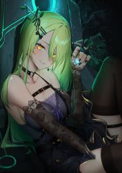 Rule 34 | 1girl, absurdres, antlers, arm warmers, bare shoulders, black dress, black nails, breasts, ceres fauna, ceres fauna (goth), choker, cleavage, collarbone, dice, dress, green hair, hair ornament, hairclip, highres, holding dice, hololive, hololive english, horns, large breasts, leaf, long hair, midorimae, mole, mole under eye, sapling (ceres fauna), sitting, smile, solo, thighhighs, virtual youtuber, yellow eyes, zettai ryouiki