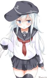 Rule 34 | 1girl, black thighhighs, blue eyes, blue skirt, blush, collarbone, commentary, cowboy, cowboy western, flat cap, hat, hibiki (kancolle), highres, kantai collection, long hair, neckerchief, open mouth, pinoaisu, pleated skirt, red neckerchief, school uniform, serafuku, silver hair, simple background, skirt, sleeves past wrists, solo, thighhighs, twitter username, western, white background