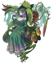 Rule 34 | 1girl, ater9, bare shoulders, breasts, cleavage, colored skin, cup, dress, elbow gloves, flower, frills, full body, gloves, green dress, green gloves, green skin, hair flower, hair ornament, highres, holding, holding cup, large breasts, long hair, monster girl, original, pitcher plant, plant, plant girl, purple hair, red eyes, sitting, venus flytrap, vines