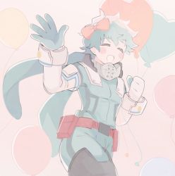 Rule 34 | 1boy, balloon, belt, bodysuit, boku no hero academia, bow, clenched hand, commentary, cowboy shot, closed eyes, freckles, gloves, green bodysuit, green hair, hair bow, hand up, heart balloon, highres, holding, holding balloon, hood, hood down, hooded bodysuit, male focus, midoriya izuku, nugunasutu, open mouth, pink background, pink bow, red belt, short hair, simple background, smile, solo, standing, symbol-only commentary, waving, white gloves