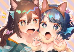 Rule 34 | 2girls, animal ear fluff, animal ears, aqua nails, bare shoulders, blue eyes, blue hair, blush, breasts, brown eyes, brown hair, brown hairband, claw pose, cleavage, commentary request, detached sleeves, diagonal stripes, eyeshadow, fake animal ears, fangs, fins, frilled sleeves, frills, fur collar, green kimono, grey background, hair between eyes, hairband, hands up, head fins, highres, imaizumi kagerou, japanese clothes, kimono, long hair, looking at viewer, makeup, mermaid, mokokiyo (asaddr), monster girl, multiple girls, nail polish, off shoulder, open mouth, orange background, outline, portrait, sidelocks, strapless, striped, striped background, touhou, wakasagihime, wolf ears