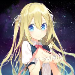 Rule 34 | 1girl, blonde hair, blue eyes, blush, breasts, cleavage, hair ribbon, long hair, looking at viewer, night, night sky, original, ribbon, sky, small breasts, smile, solo, star (sky), star (symbol), starry sky, tika (mika4975), two side up