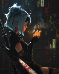 Rule 34 | 1girl, black gloves, black headwear, black thighhighs, blurry, blurry background, bob cut, cigarette, cityscape, commentary, earrings, elbow gloves, english commentary, gloves, hair bun, hands up, headband, highres, inverted bob, jewelry, katana, light particles, matches, medium hair, night, original, outdoors, profile, sam yang, sidelocks, single glove, smoking, solo, sword, thighhighs, upper body, weapon, weapon on back, white hair
