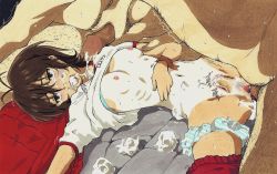 Rule 34 | 1girl, 2boys, age difference, antenna hair, arm grab, barakamon, blood, blush, breasts, brown eyes, brown hair, clothed female nude male, clothes lift, commentary request, crying, crying with eyes open, cum, cum in mouth, cum in nose, cum in pussy, cum overflow, defloration, ejaculation, eyebrows, facial, gym uniform, hetero, internal cumshot, looking at viewer, lostunicorn, lying, male pubic hair, marker (medium), md5 mismatch, medium breasts, midriff, multiple boys, multiple penises, navel, nipples, nude, on back, on ground, one-piece tan, panties, panties around leg, penis, pubic hair, pussy, rape, ribs, sex, shirt lift, short hair, short sleeves, shorts, shorts around one leg, skinny, small breasts, solo focus, spread legs, striped clothes, striped panties, tan, tanline, tears, traditional media, uncensored, underwear, used tissue, vaginal, wristband, x-ray, yamamura miwa