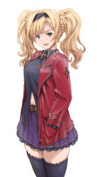 Rule 34 | 10s, 1girl, belt, blonde hair, braid, cowboy shot, granblue fantasy, green eyes, hair intakes, hairband, hands in pockets, jacket, looking at viewer, navel, nokinhizadati, parted lips, pleated skirt, skirt, solo, thighhighs, twintails, white background, zeta (granblue fantasy), zettai ryouiki