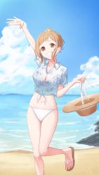 Rule 34 | 1girl, :d, absurdres, arm up, bare legs, beach, bikini, bikini under clothes, blue shirt, blue sky, breasts, brown eyes, brown hair, brown hat, button gap, cleavage, cloud, collared shirt, commission, day, flip-flops, floral print, grin, hat, highres, holding, holding clothes, holding hat, horizon, idolmaster, idolmaster shiny colors, large breasts, leg up, ocean, open mouth, outdoors, parted lips, pixiv commission, print shirt, sakuragi mano, sandals, shirt, short hair, short sleeves, sidelocks, sjuno, sky, smile, solo, standing, standing on one leg, straw hat, swimsuit, thigh gap, tied shirt, unworn hat, unworn headwear, water, waving, white bikini, wristband