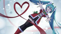 Rule 34 | 1girl, aqua eyes, aqua hair, bell, black skirt, black thighhighs, boots, bow, capelet, christmas, commentary, dress, dutch angle, english commentary, feet out of frame, fur-trimmed boots, fur-trimmed capelet, fur-trimmed dress, fur trim, green bow, hair ornament, hatsune miku, heart, highres, long hair, looking at viewer, miniskirt, neck bell, open mouth, outstretched arms, plaid, plaid skirt, reaching, red capelet, red dress, red footwear, ribbon, santa boots, santa costume, santa dress, skirt, smile, solo, thighhighs, twintails, very long hair, vocaloid, zettai ryouiki, zhayin-san
