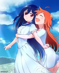 Rule 34 | 2girls, :d, ^ ^, bad id, bad twitter id, blush stickers, choker, closed eyes, cloud, day, dress, closed eyes, flip flappers, frills, hug, hug from behind, long hair, looking at another, mimi (flip flappers), multiple girls, niina ryou, open mouth, orange hair, papika (flip flappers), purple eyes, smile, spoilers, twitter username, very long hair, white dress