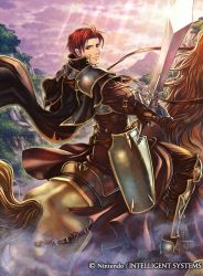Rule 34 | 1boy, armor, back, boots, cape, company name, fire emblem, fire emblem: the sacred stones, fire emblem cipher, gloves, horse, male focus, nintendo, official art, red eyes, red hair, seth (fire emblem), sky, solo, sparkle, sword, tree, weapon