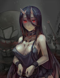 Rule 34 | 10s, 1girl, abyssal ship, bare shoulders, battleship princess, bdsm, black dress, black hair, bondage, bound, breasts, chain, cleavage, collar, cuffs, dress, horns, kantai collection, large breasts, long hair, looking at viewer, red eyes, shackles, short dress, skin-covered horns, spaghetti strap, walzrj