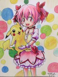 Rule 34 | 10s, 1girl, absurdres, blush, bow, creatures (company), game freak, gen 1 pokemon, gloves, hair bow, highres, kaname madoka, magical girl, mahou shoujo madoka magica, nintendo, open mouth, pikachu, pink eyes, pink hair, pokemon, pokemon (anime), pokemon (creature), short twintails, skirt, smile, twintails, yaamada