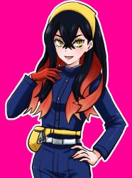 Rule 34 | 1girl, :d, black hair, blue jacket, blue pants, blueberry academy school uniform, carmine (pokemon), creatures (company), crossed bangs, eyelashes, fanny pack, game freak, gloves, hair between eyes, hairband, hand on own hip, highres, jacket, long hair, long sleeves, looking at viewer, mole, mole under eye, multicolored hair, nintendo, open mouth, pants, pink background, pokemon, pokemon sv, red gloves, red hair, school uniform, single glove, smile, solo, two-tone hair, umehime, yellow hairband