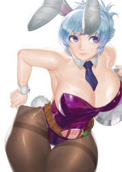 Rule 34 | 1girl, alternate costume, animal ears, bare shoulders, battle bunny riven, bling (wnsdud34), blue eyes, breasts, cleavage, curvy, fake animal ears, highres, large breasts, league of legends, leotard, lips, necktie, pantyhose, pantyhose tug, playboy bunny, rabbit ears, rabbit tail, riven (league of legends), short hair, silver hair, simple background, solo, tail, thigh gap, thighband pantyhose, thighs, white background, wide hips