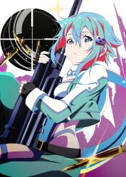 Rule 34 | 1girl, anti-materiel rifle, black gloves, blue eyes, blue hair, bolt action, breasts, bullet, cropped jacket, fingerless gloves, gesugesu ahoaho, gloves, gun, hair between eyes, hair ornament, hairclip, highres, holding, holding gun, holding weapon, long sleeves, looking at viewer, medium breasts, pgm hecate ii, rifle, scar, short hair, simple background, sinon, sitting, slit pupils, sniper rifle, sword art online, weapon