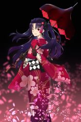 Rule 34 | 1girl, ;d, alternate costume, black background, black gloves, black hair, black ribbon, blurry, blush, cherry blossoms, cowboy shot, depth of field, earrings, fate/grand order, fate (series), female focus, floral print, from behind, gloves, hair ornament, hair ribbon, hayabusa (vert 320), highres, holding, holding umbrella, hoop earrings, ishtar (fate), ishtar (formal dress) (fate), japanese clothes, jewelry, kimono, long hair, long sleeves, looking at viewer, looking back, neck, obi, oil-paper umbrella, one eye closed, open mouth, parasol, parted bangs, petals, pointing, pointing at viewer, red eyes, red kimono, ribbon, sash, smile, solo, standing, tohsaka rin, two side up, type-moon, umbrella, wide sleeves, wink