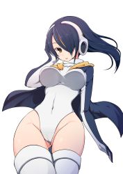 Rule 34 | 10s, 1girl, bad id, bad pixiv id, black hair, blonde hair, blush, breasts, cameltoe, covered navel, cowboy shot, emperor penguin (kemono friends), floating hair, hair over one eye, headphones, highleg, highleg leotard, highres, hood, hoodie, inu3, kemono friends, large breasts, leotard, long hair, looking at viewer, multicolored hair, open clothes, open hoodie, parted lips, simple background, solo, streaked hair, thighhighs, thighs, turtleneck, white background, white leotard, white thighhighs