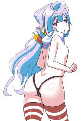 Rule 34 | 1boy, androgynous, ass, blue hair, blush, butt crack, cosplay, crossdressing, from behind, hacka doll, hacka doll 3, highres, kantai collection, long hair, looking back, male focus, open mouth, panimiiru, purple eyes, shimakaze (kancolle), shimakaze (kancolle) (cosplay), solo, striped clothes, striped thighhighs, thighhighs, thong, trap, very long hair, white background, wide hips