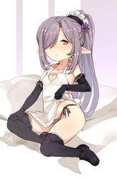 Rule 34 | 1girl, apron, apron lift, bare shoulders, bed sheet, black footwear, black gloves, black panties, black thighhighs, blush, bow, breasts, brown eyes, clothes lift, clothing cutout, elbow gloves, gloves, granblue fantasy, hair bow, hair over one eye, harvin, heart cutout, high ponytail, lifted by self, loafers, long hair, nearly naked apron, niyon (granblue fantasy), panties, parted lips, pillow, pointy ears, ponytail, purple bow, purple hair, rkrk, shoes, side-tie panties, sidelocks, signature, small breasts, solo, thighhighs, underwear, very long hair, white apron
