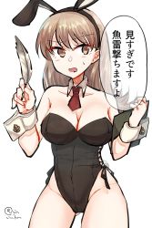 Rule 34 | 1girl, anchor symbol, animal ears, black leotard, breasts, brown eyes, brown hair, cleavage, clipboard, commentary request, contrapposto, cowboy shot, detached collar, fake animal ears, gluteal fold, highres, kantai collection, leotard, long hair, looking at viewer, matsunaga (haku), medium breasts, necktie, ooi (kancolle), playboy bunny, quill, rabbit ears, red necktie, simple background, solo, standing, strapless, strapless leotard, translation request, white background, wrist cuffs