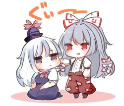 Rule 34 | 2girls, :d, alternate eye color, black footwear, blouse, blue dress, blue hair, blue headwear, blush, boots, bow, breasts, brown eyes, brown footwear, cheek pull, chibi, collared shirt, commentary request, dress, fujiwara no mokou, full body, hair bow, hat, hat ribbon, highres, jitome, juliet sleeves, kamishirasawa keine, kurotaro, long hair, long sleeves, looking at another, medium breasts, multicolored hair, multiple girls, neck ribbon, ofuda, open mouth, pants, parted lips, pinafore dress, puffy short sleeves, puffy sleeves, red eyes, red pants, red ribbon, ribbon, seiza, shirt, shoes, short sleeves, silver hair, simple background, sitting, sleeveless dress, smile, standing, streaked hair, suspenders, touhou, translation request, v-shaped eyebrows, very long hair, white background, white bow, white shirt
