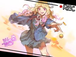 Rule 34 | 1girl, absurdres, artist name, birthday, blonde hair, braid, coin, commentary, dated, flower, hair flower, hair ornament, highres, long hair, looking at viewer, love live!, love live! superstar!!, onitsuka natsumi, pink eyes, recording, school uniform, smile, solo, standing, twin braids, yedan999, yuigaoka school uniform