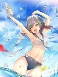 Rule 34 | 1girl, air bubble, armpits, bird, blurry, blurry foreground, bottle, breasts, bubble, cloud, collarbone, cowboy shot, crop top, female focus, green eyes, grey hair, hands up, highres, holding, holding bottle, looking at viewer, low twintails, medium breasts, medium hair, multicolored hair, navel, one eye closed, open mouth, original, panties, petals, petals on liquid, purple panties, sailor collar, sidelocks, sky, sleeveless, smile, solo, standing, stomach, streaked hair, sunlight, swimsuit, teddy (khanshin), teeth, thighs, tongue, twintails, underwear, upper teeth only, water