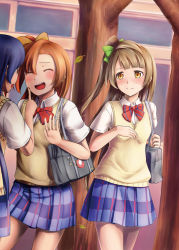 Rule 34 | 10s, 3girls, ^ ^, bag, bag charm, blue skirt, blush, bow, brown eyes, brown hair, charm (object), closed eyes, cowboy shot, falling leaves, gesture request, kosaka honoka, leaf, looking at another, love live!, love live! school idol project, minami kotori, multiple girls, one side up, open mouth, orange hair, outdoors, plaid, plaid skirt, school bag, school uniform, short sleeves, side ponytail, skirt, smile, sonoda umi, standing, sweater vest, umekata mitsu