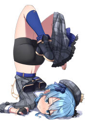 Rule 34 | 1girl, ass, bike shorts, black footwear, black gloves, black shorts, blue eyes, blue hair, blue nails, blue socks, blush, closed mouth, eru (l illust45), fingernails, full body, gloves, hashtag-only commentary, highres, hololive, hoshimachi suisei, hoshimachi suisei (1st costume), legs up, light blue hair, looking at viewer, midriff, nail polish, partially fingerless gloves, plaid, plaid headwear, plaid shirt, plaid skirt, shirt, shorts, simple background, single barefoot, skirt, skirt around one leg, socks, solo, thighs, top-down bottom-up, unworn skirt, virtual youtuber, white background