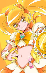 Rule 34 | 1girl, blonde hair, bow, breasts, brooch, choker, closed mouth, clover earrings, collarbone, commentary request, cowboy shot, crop top, cure sunshine, hair between eyes, hair ribbon, heart, heart brooch, heartcatch precure!, highres, holding, jewelry, long hair, looking at viewer, magical girl, meribe, midriff, navel, orange background, orange bow, orange choker, orange skirt, precure, puffy short sleeves, puffy sleeves, ribbon, shirt, short sleeves, sidelocks, skirt, small breasts, smile, solo, standing, twintails, wrist cuffs, yellow bow, yellow eyes, yellow shirt