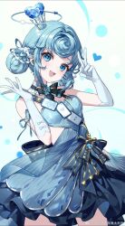 Rule 34 | 1girl, blue dress, blue eyes, blue gemstone, blue hair, blush, breasts, commentary request, cowboy shot, crown, double bun, dress, elbow gloves, flower-shaped hair, gem, gloves, hair bun, heart, highres, lite luyu, looking at viewer, mini crown, open mouth, original, small breasts, solo, teeth, upper teeth only, v, weibo logo, weibo watermark, white gloves