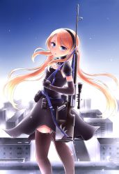 Rule 34 | 1girl, absurdres, belt, blonde hair, blue eyes, breasts, building, commentary request, dress, elbow gloves, elina lavrentieva, gloves, gun, hair between eyes, hairband, highres, long hair, looking at viewer, looking back, low twintails, neit ni sei, night, night sky, original, puffy short sleeves, puffy sleeves, rifle, rooftop, short sleeves, sky, small breasts, solo, thighhighs, twintails, utility belt, weapon, weapon on back